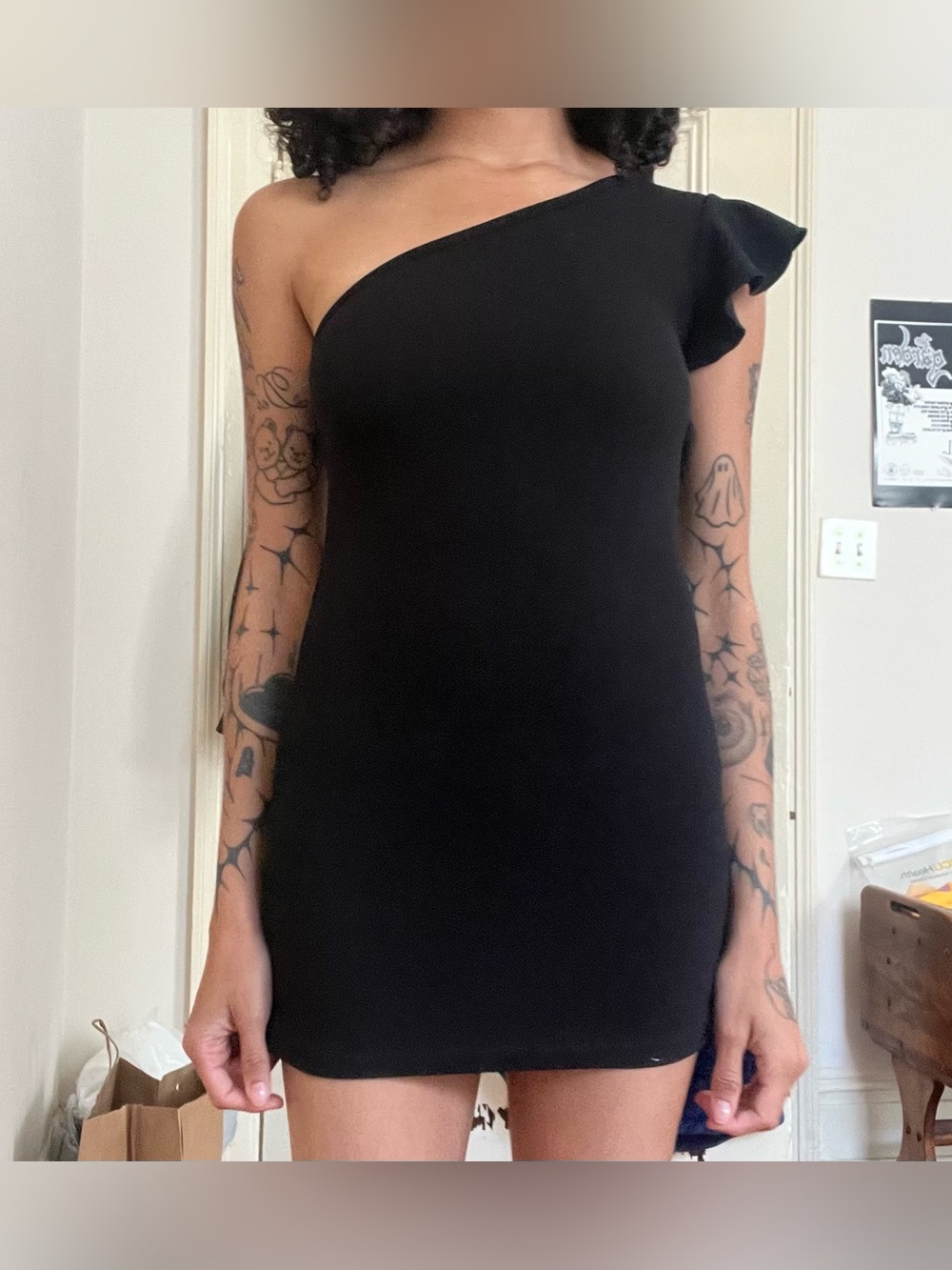 One-Shoulder Black Mini Dress with Ruffle Sleeve